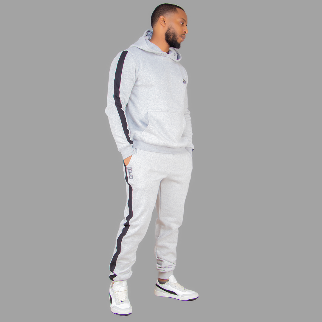 Men's Light Grey Hoodie Set (Black Stripes)