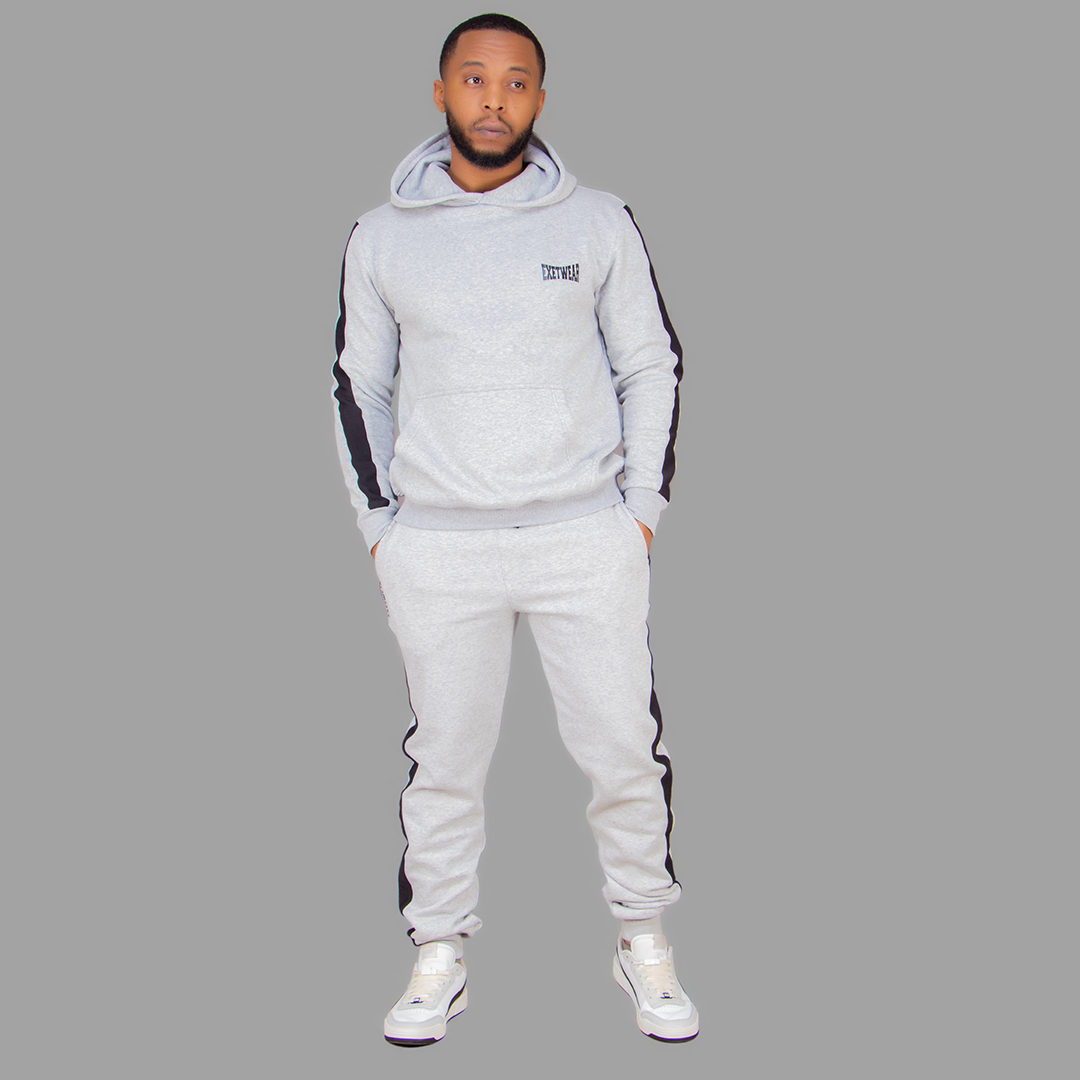 Men's Light Grey Hoodie Set (Black Stripes)