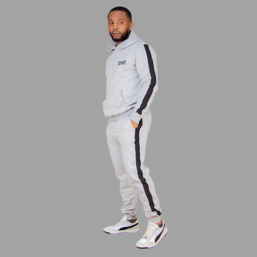 Men's Light Grey Hoodie Set (Black Stripes)