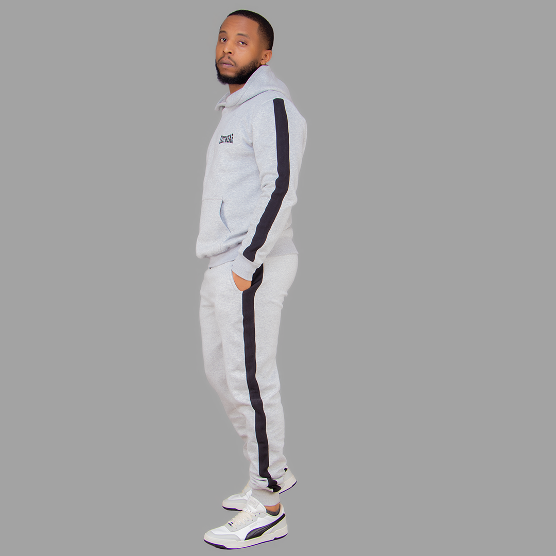 Men's Light Grey Hoodie Set (Black Stripes)