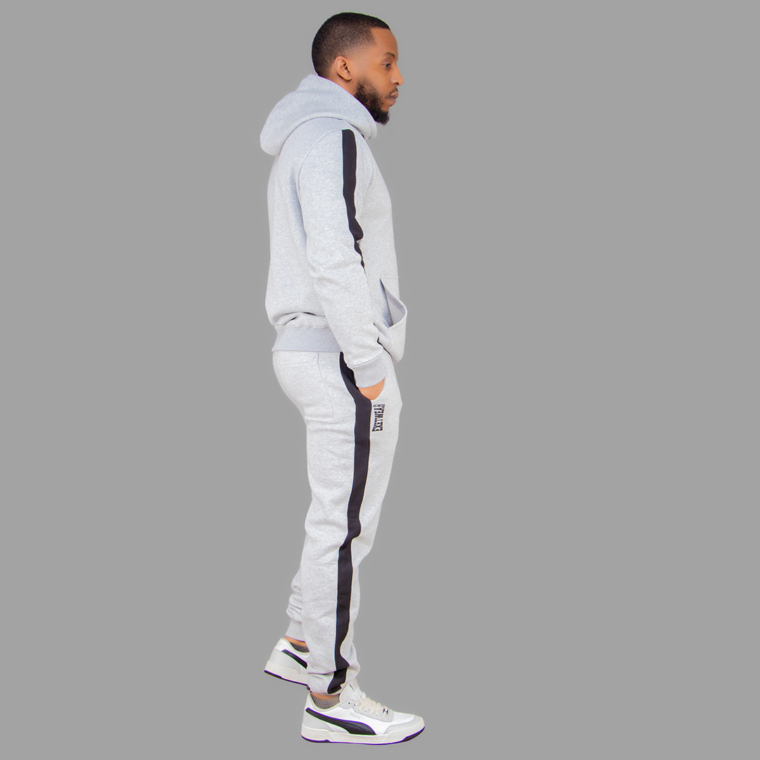 Men's Light Grey Hoodie Set (Black Stripes)