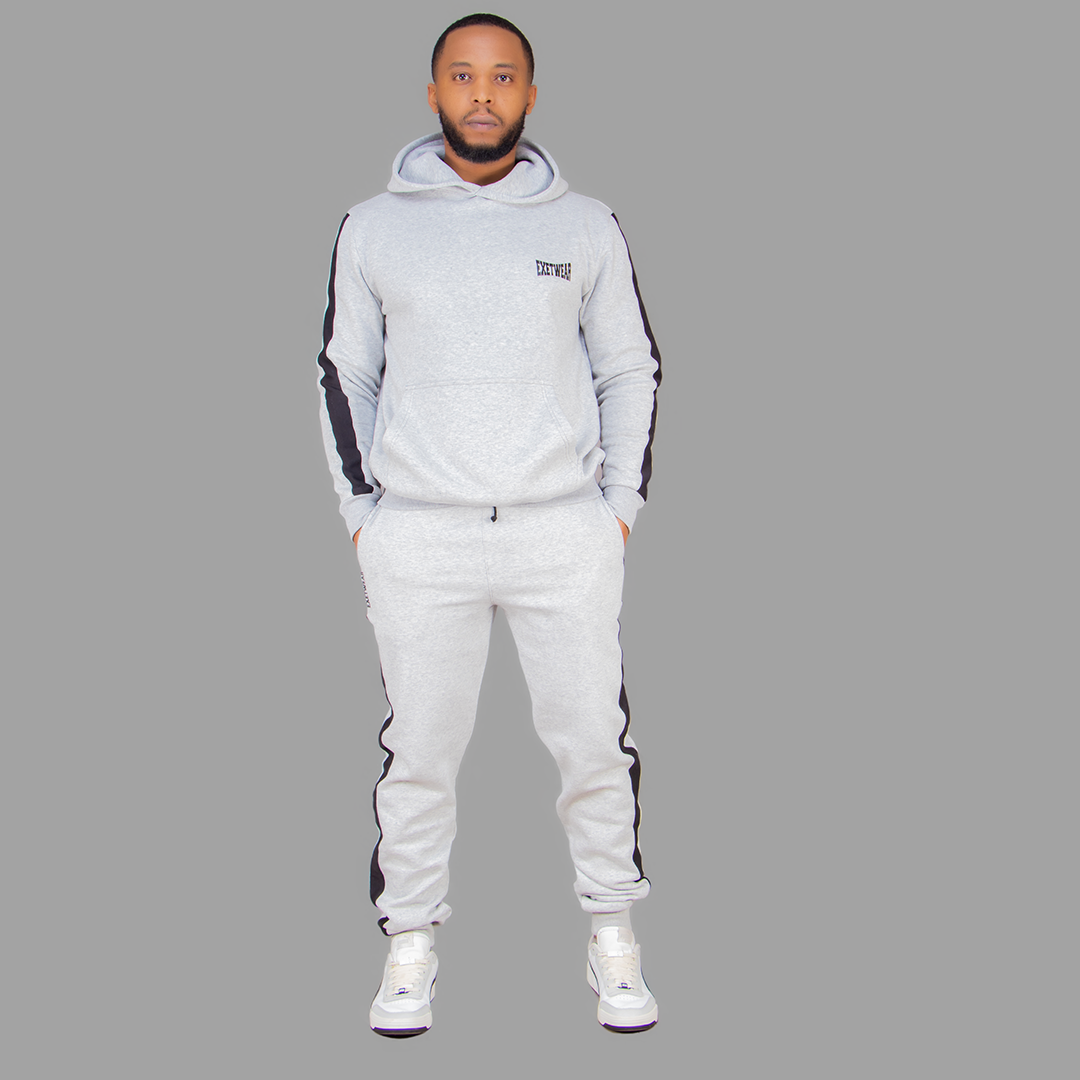 Men's Light Grey Hoodie Set (Black Stripes)