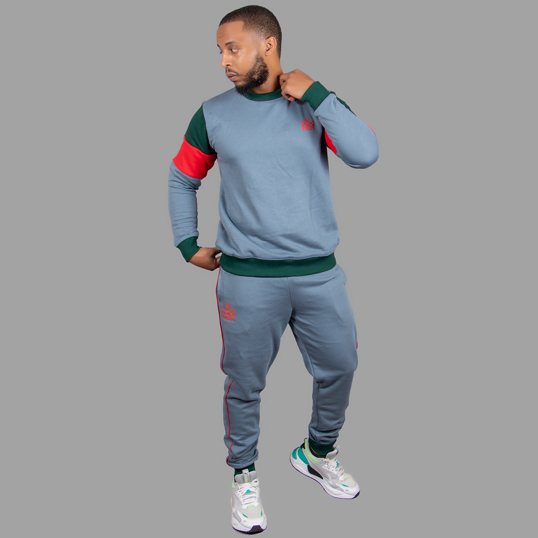 Men's Teal Blue Sweatsuit Set (Striking Green/Red Accents)