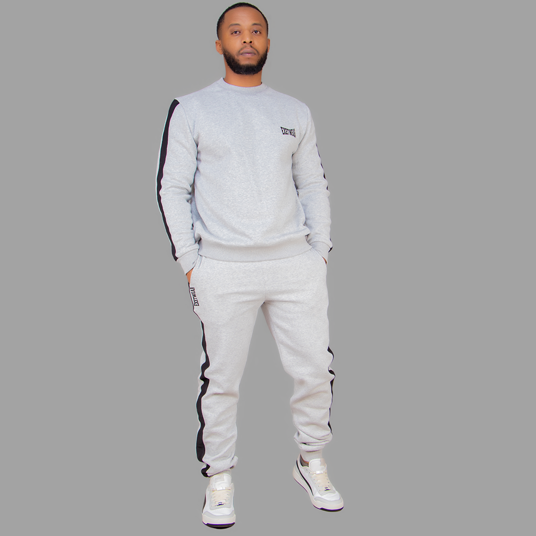 Men's Light Grey Sweatshirt Set (Black Stripes)