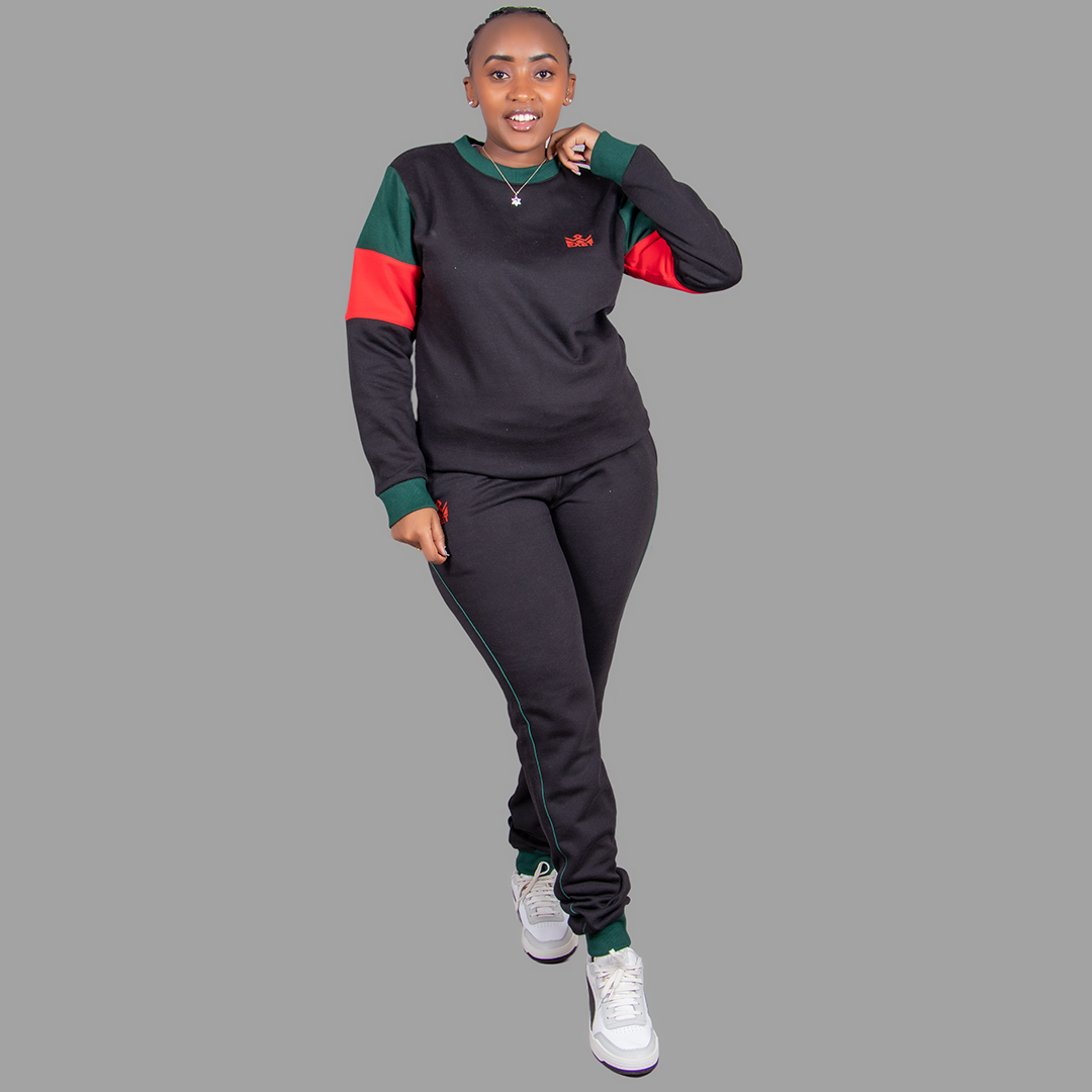 Women's Black Sweatsuit Set (Green/Red Accents)