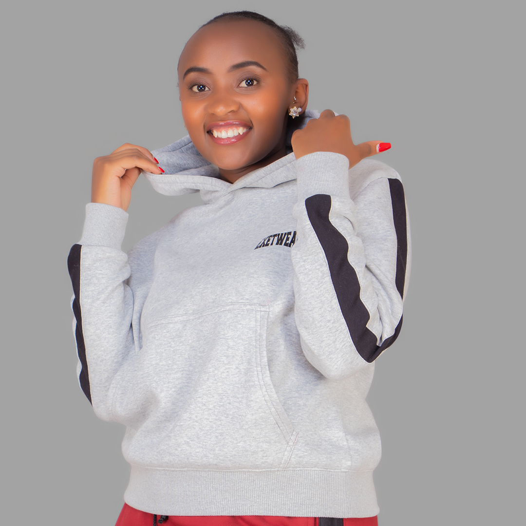 Women's Light Grey Hoodie Set (Black Stripes)