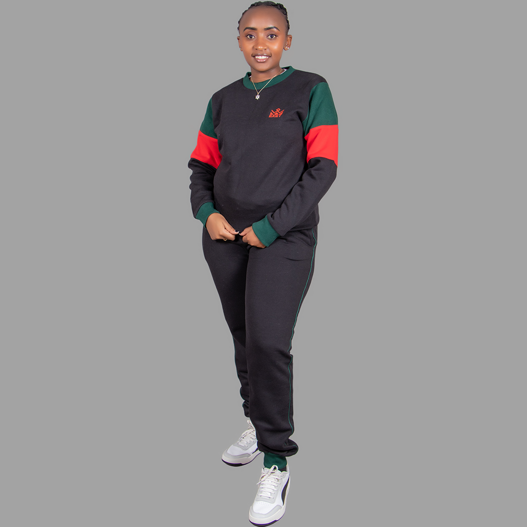 Women's Black Sweatsuit Set (Green/Red Accents)