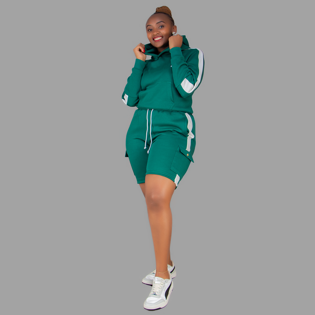 Women Green/White Sweatshort Set