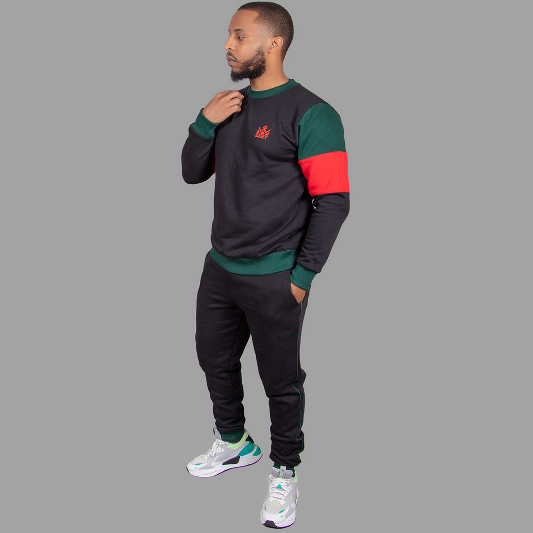 Men's Black Sweatsuit Set (Bold Green and Red Accents)