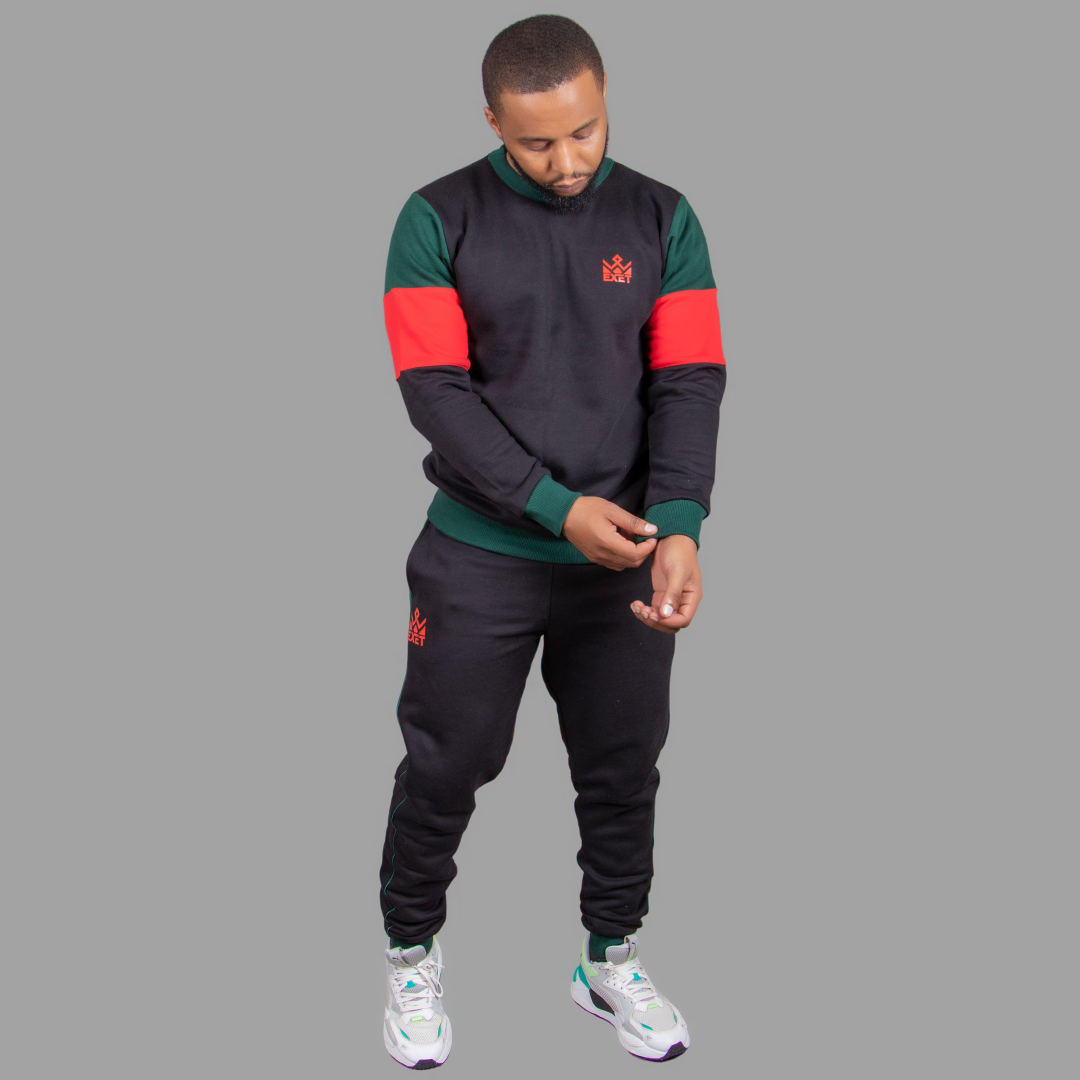 Men's Black Sweatsuit Set (Bold Green and Red Accents)