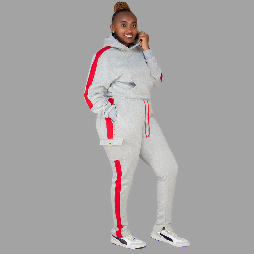 Women Light Grey/Red Hoodie Set