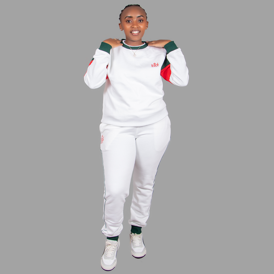 Women's White Sweatsuit Set (Chic Green/Red Accents)