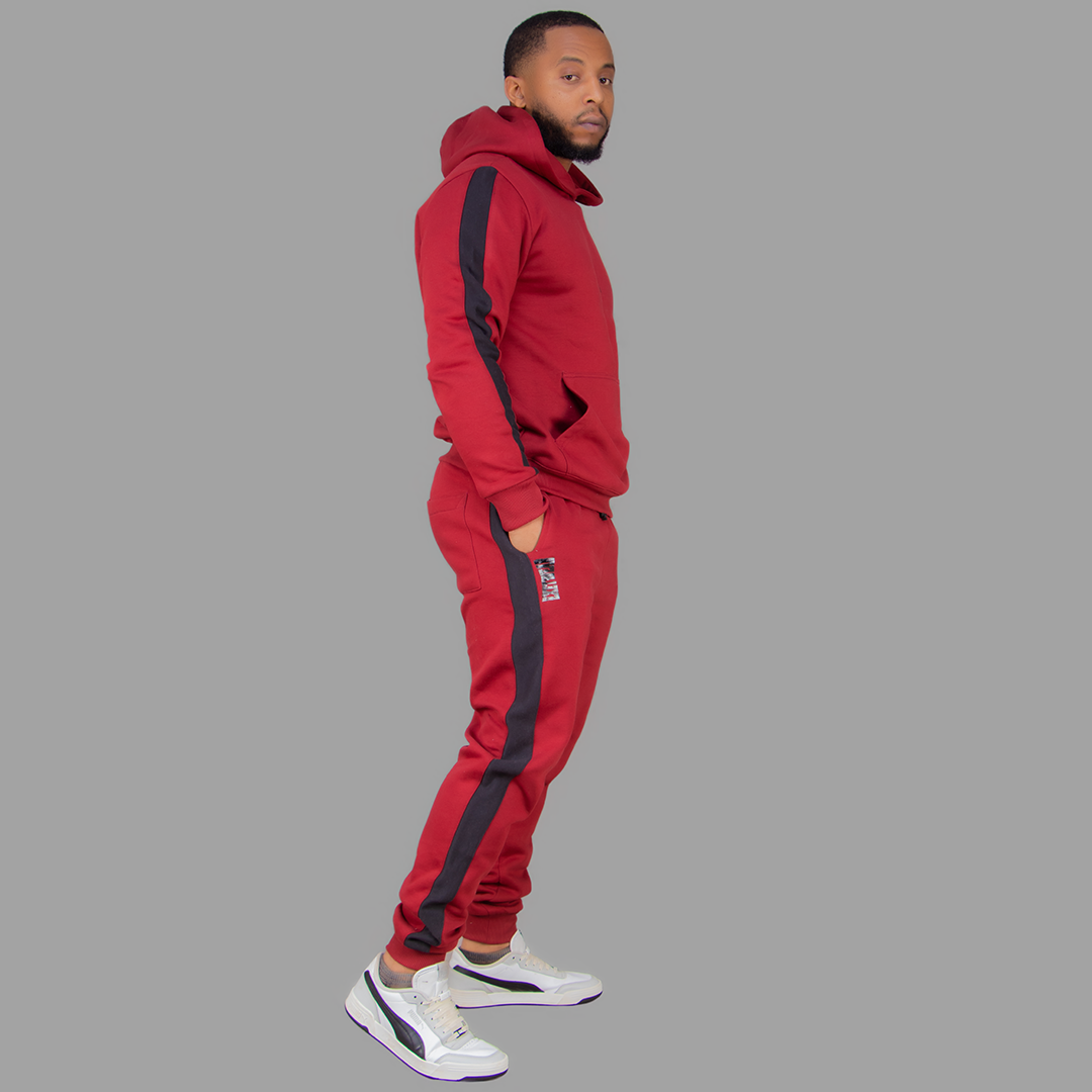 Men's Maroon Hoodie Set  (Black Stripes)