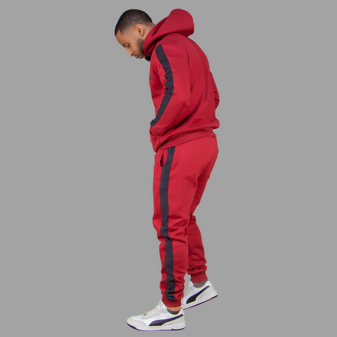 Men's Maroon Hoodie Set  (Black Stripes)