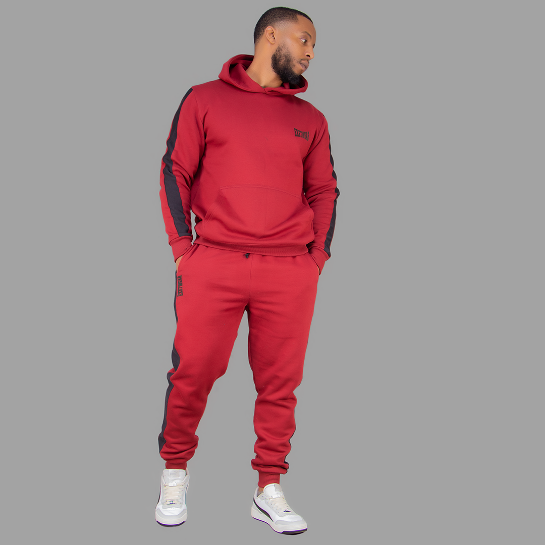 Men's Maroon Hoodie Set  (Black Stripes)