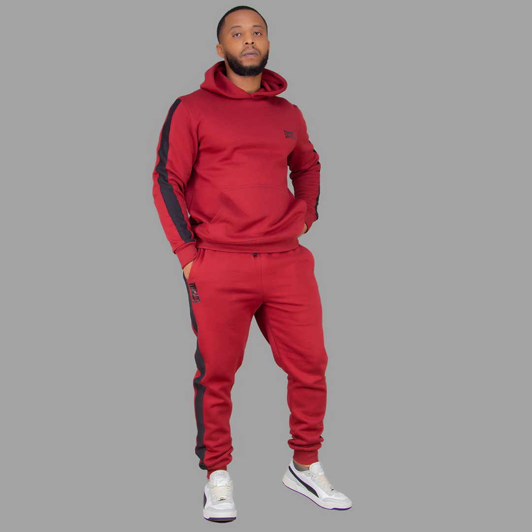 Men's Maroon Hoodie Set  (Black Stripes)