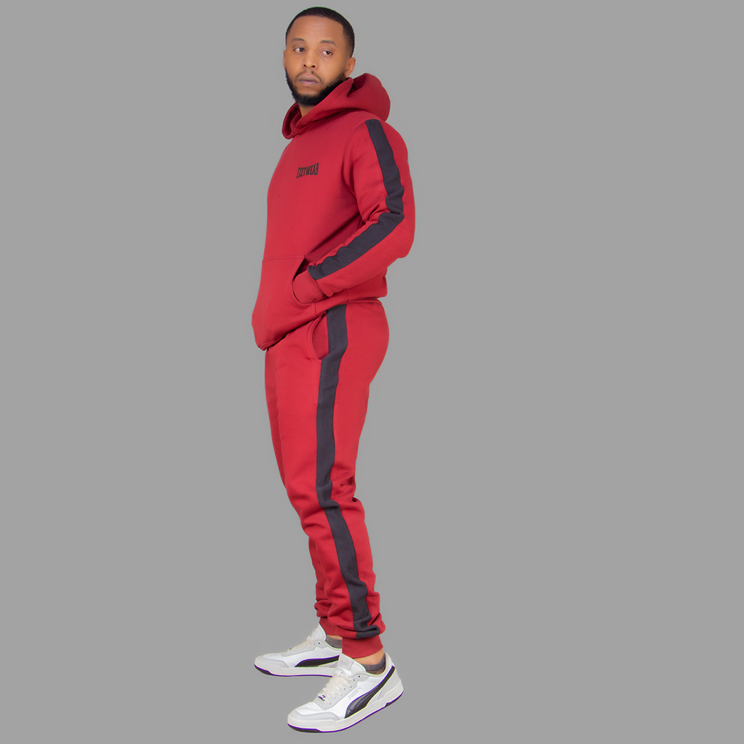 Men's Maroon Hoodie Set  (Black Stripes)