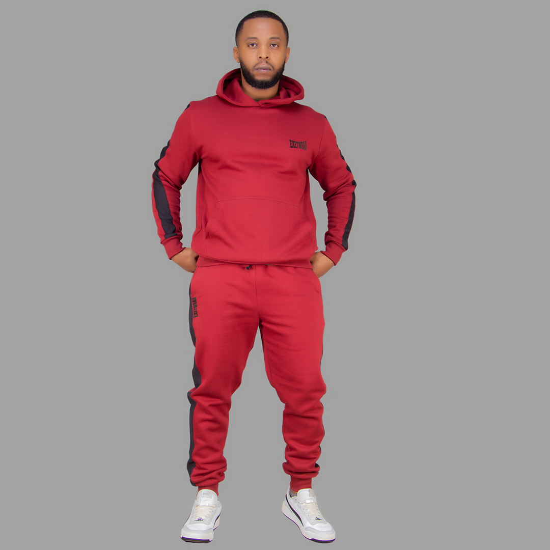 Men's Maroon Hoodie Set  (Black Stripes)