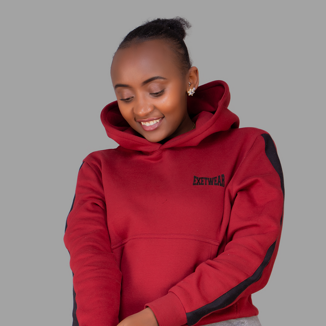 Women's Maroon Hoodie Set  (Black Stripes)