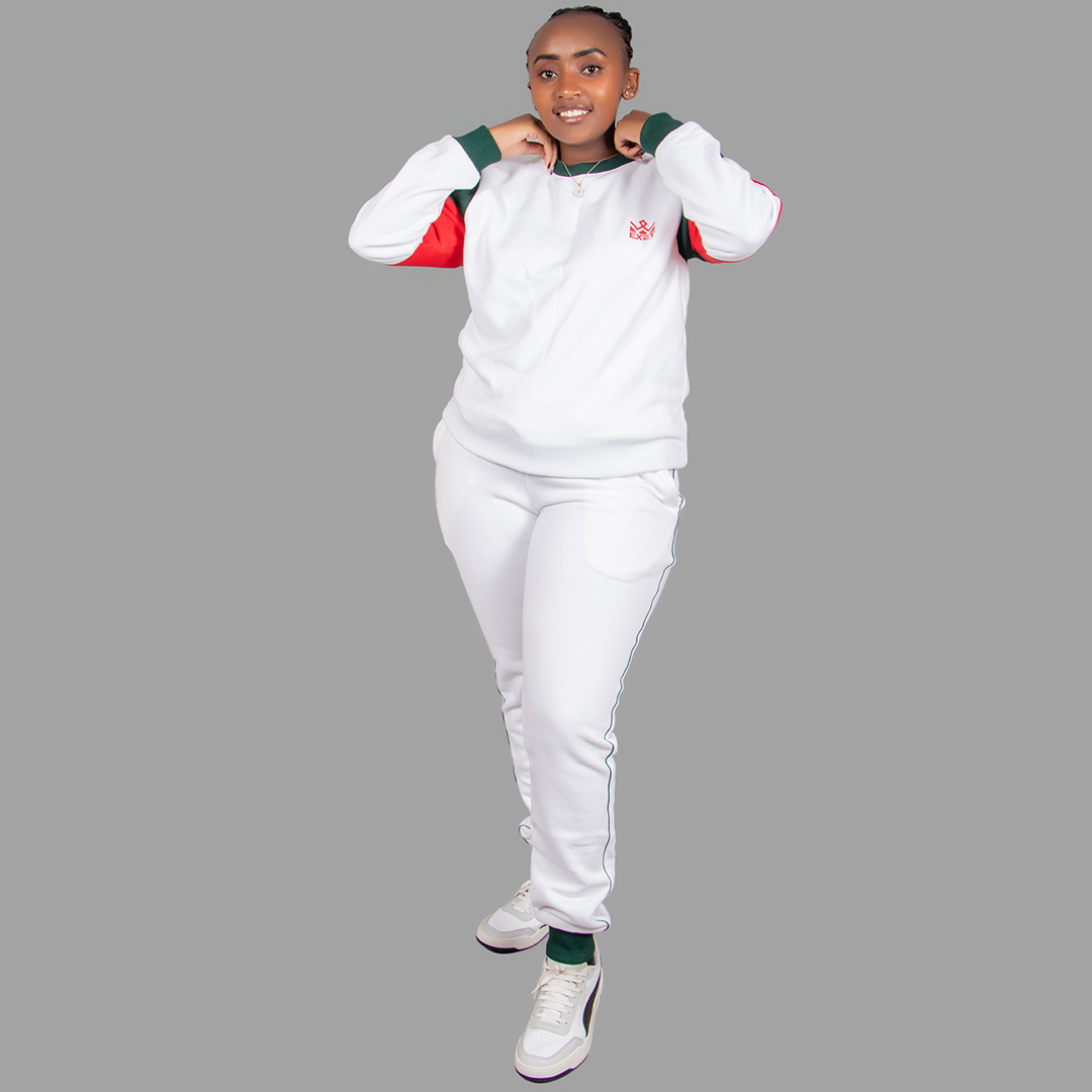 Women's White Sweatsuit Set (Chic Green/Red Accents)