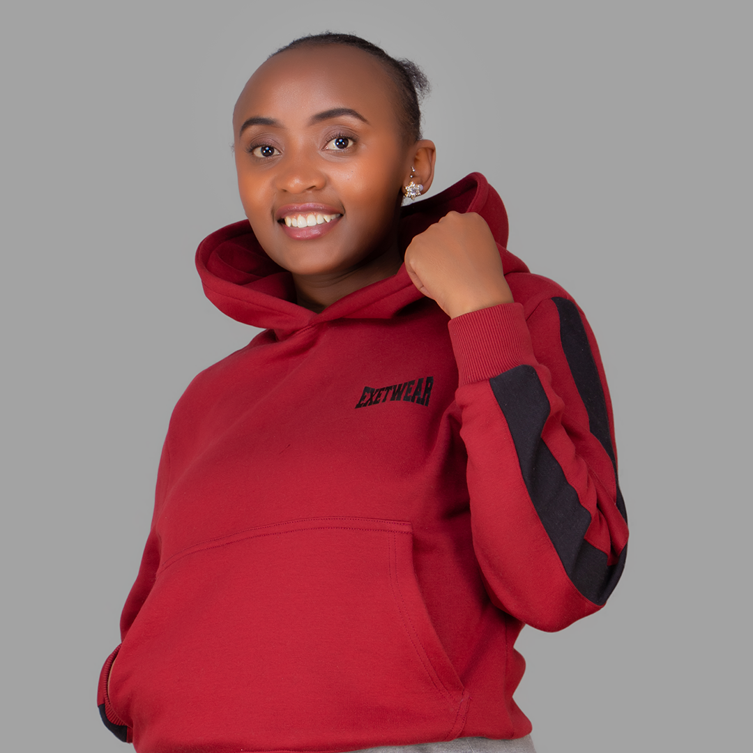 Women's Maroon Hoodie Set  (Black Stripes)