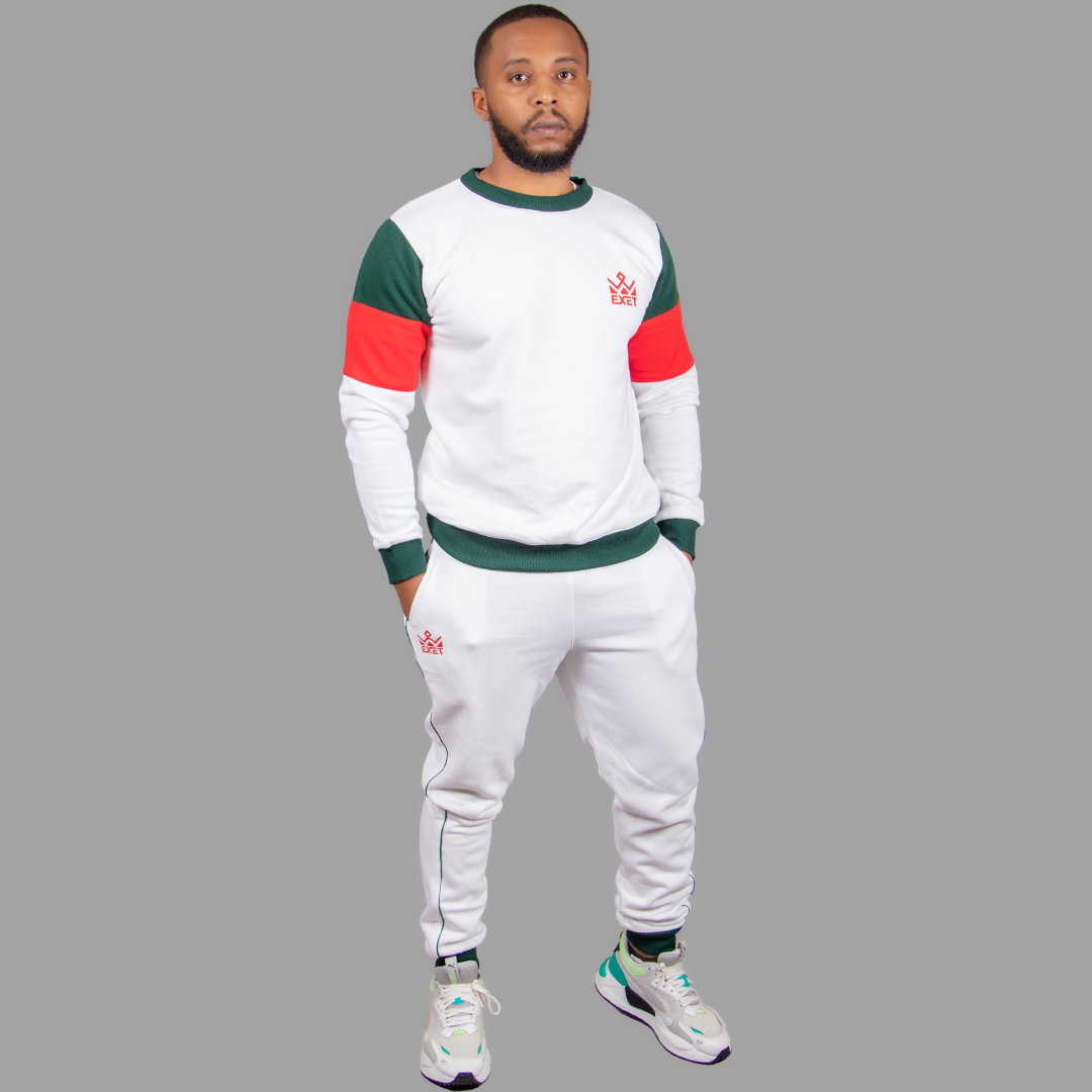 Men's White Sweatsuit Set (Striking Green/Red Accents)