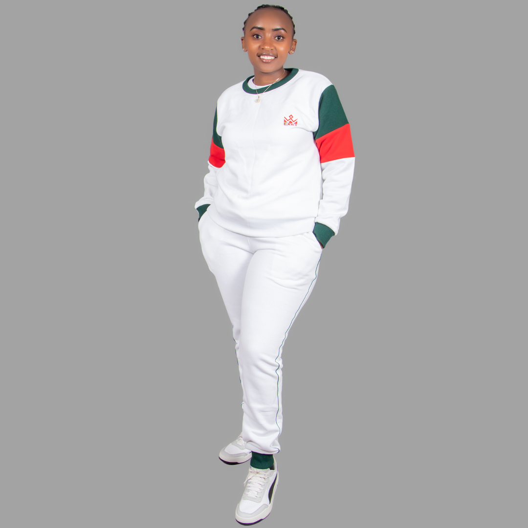 Women s White Sweatsuit Set Chic Green Red Accents