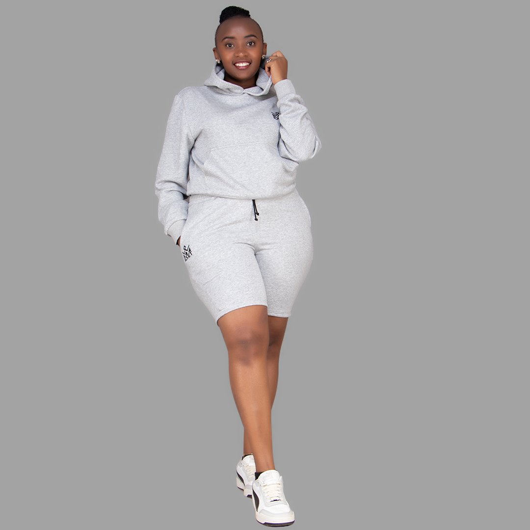 Women's Light Grey Hoodie-Short Set