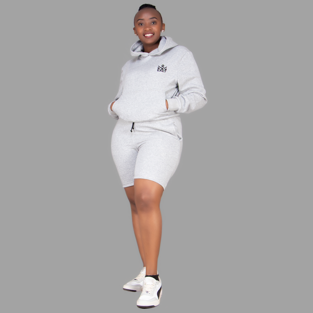 Women's Light Grey Hoodie-Short Set