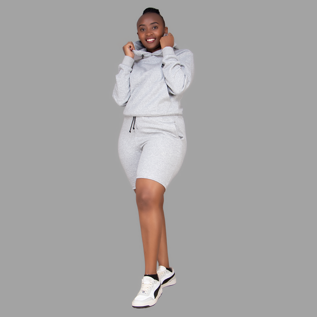 Women's Light Grey Hoodie-Short Set