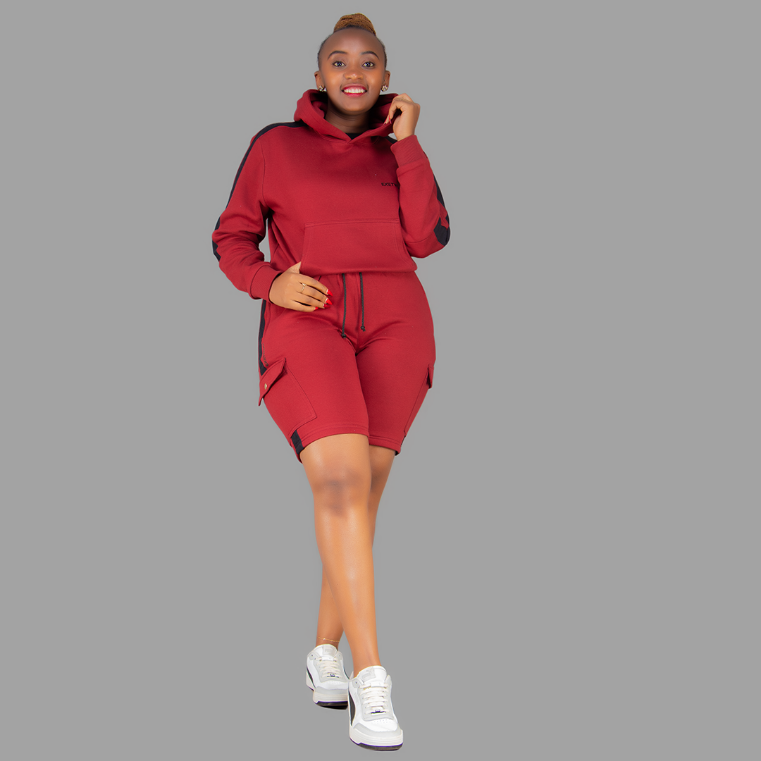 Women Maroon/Black Sweatshort Set