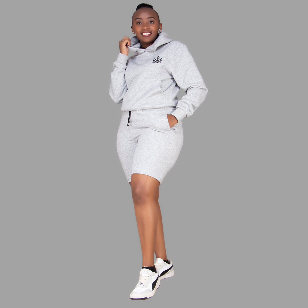 Women's Light Grey Hoodie-Short Set