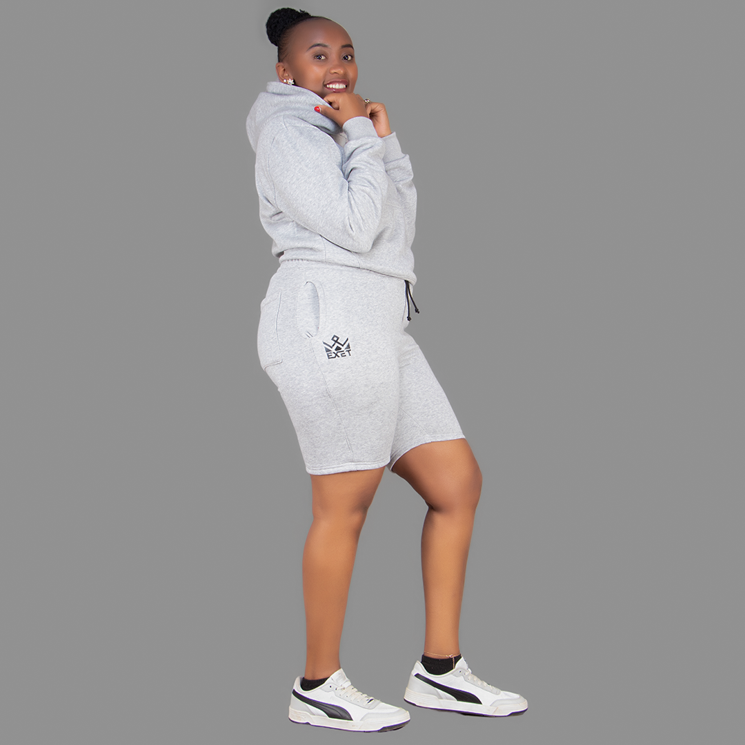 Women's Light Grey Hoodie-Short Set