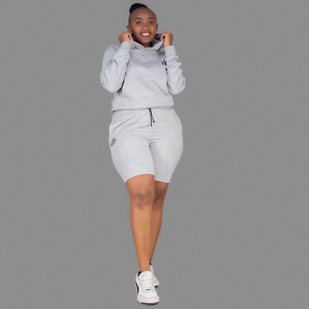 Women's Light Grey Hoodie-Short Set