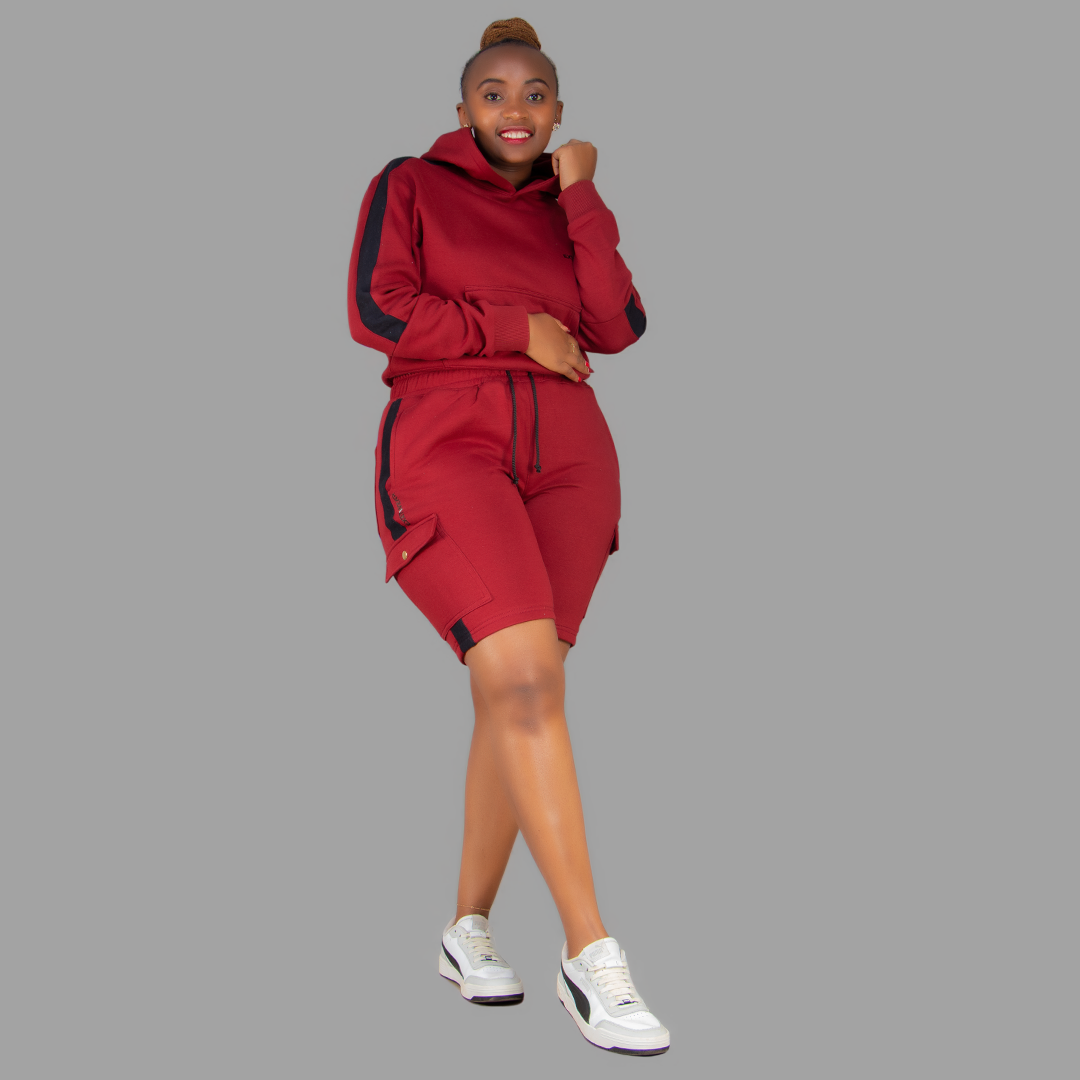 Women Maroon/Black Sweatshort Set