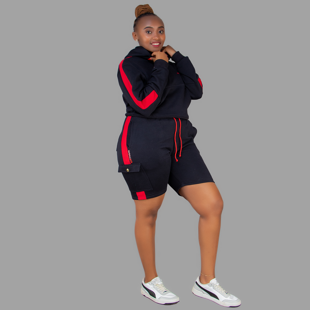 Women Black/Red Sweatshort Set