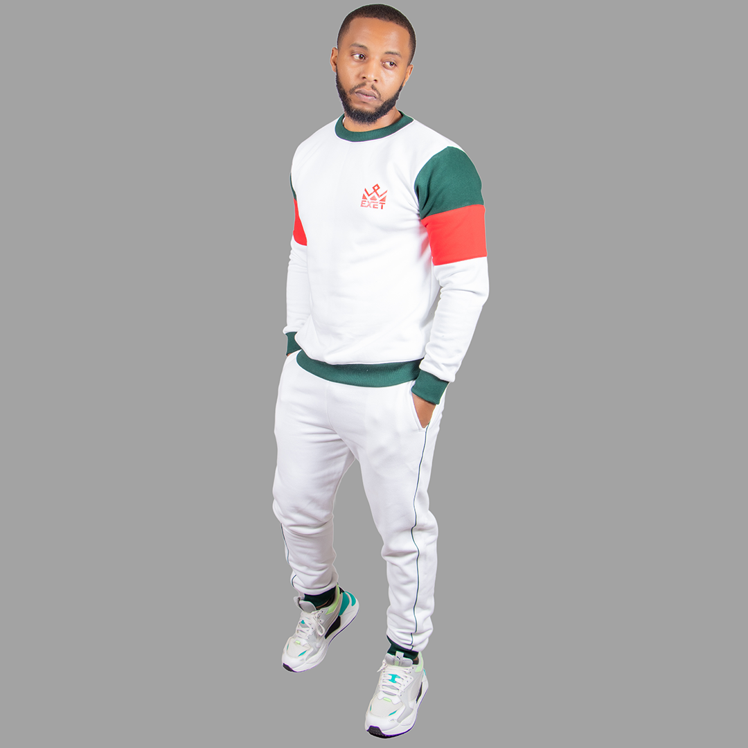 Men's White Sweatsuit Set (Striking Green/Red Accents)