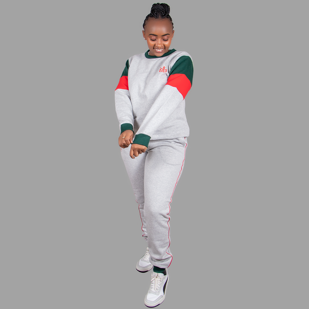 Women's Light Grey Sweatsuit Set (Chic Green/Red Accents).