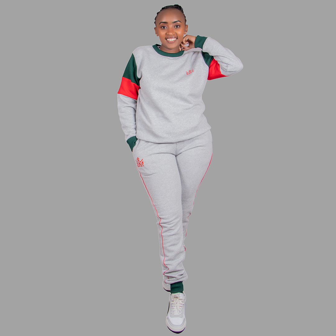 Women's Light Grey Sweatsuit Set (Chic Green/Red Accents).