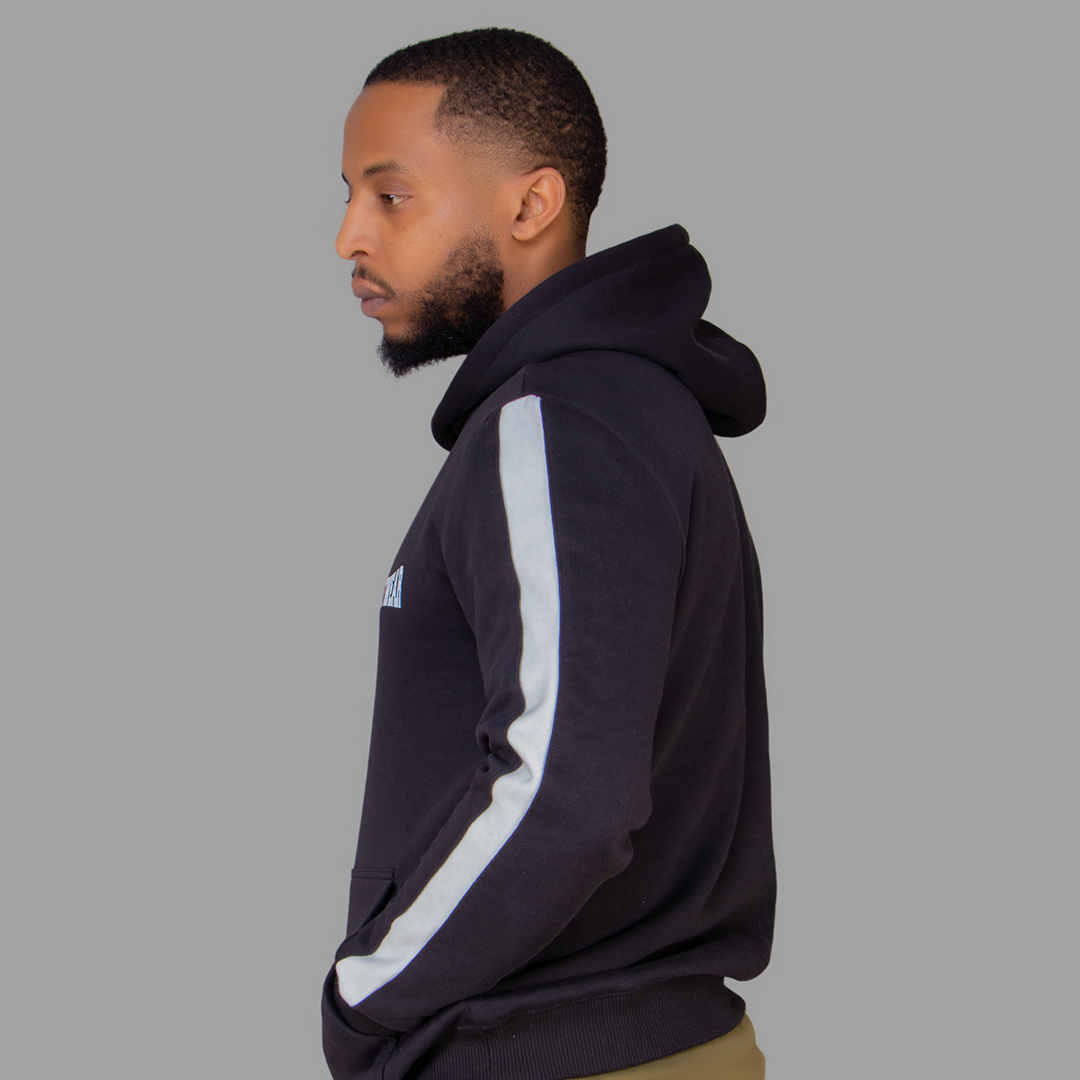 Men's Black Hoodie Set with White Stripes