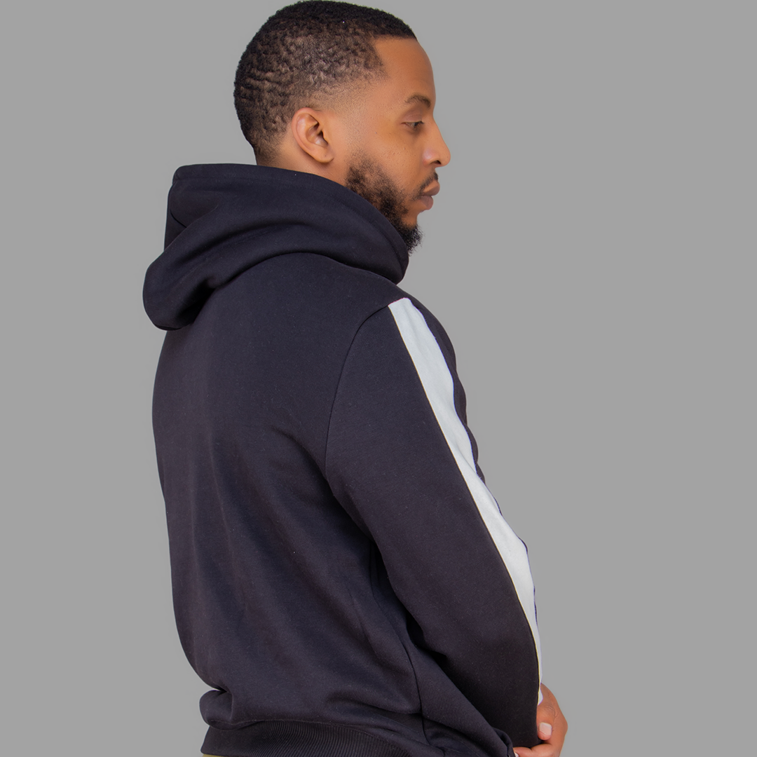 Men's Black Hoodie Set with White Stripes