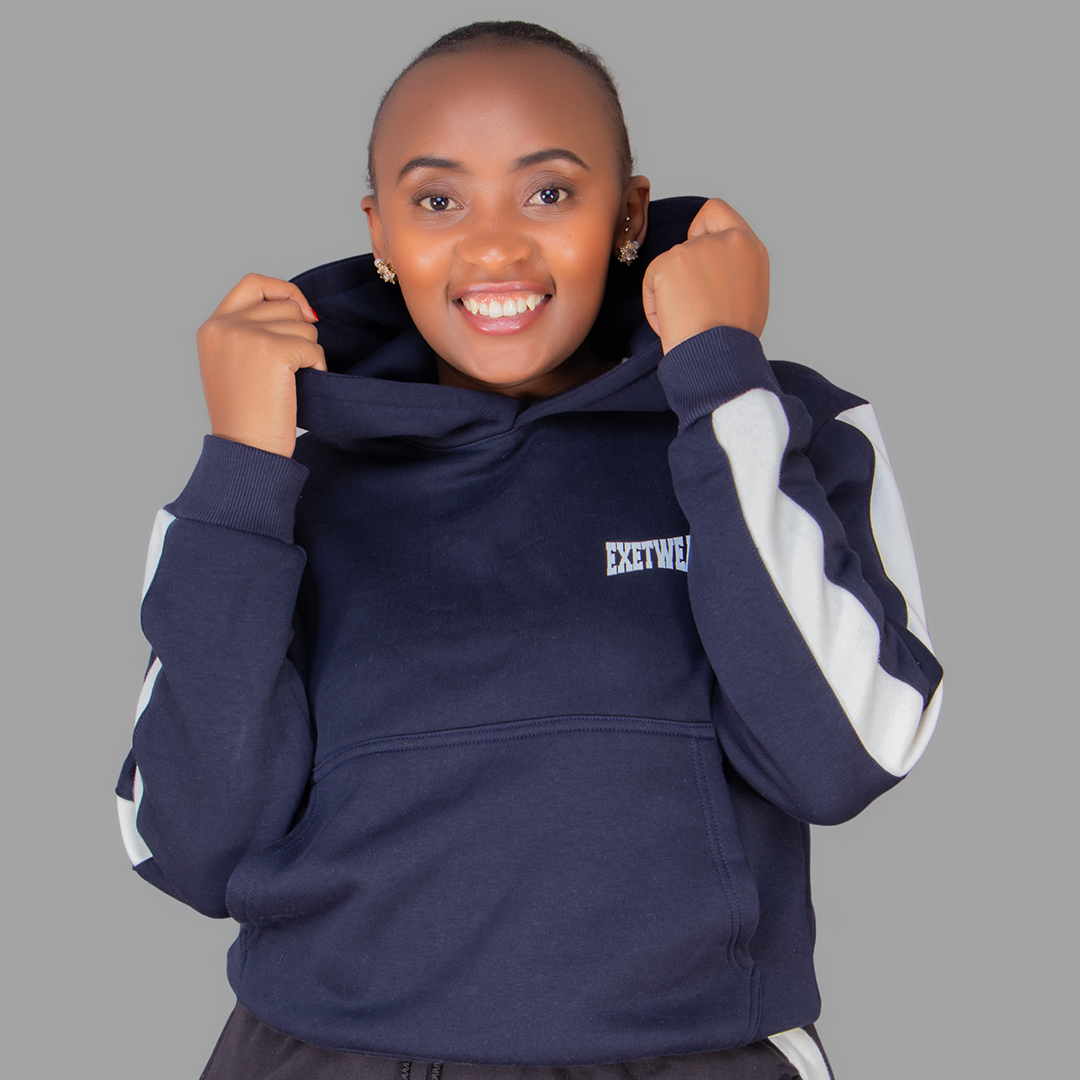 Women's Navy Blue Hoodie Set (White Stripes)