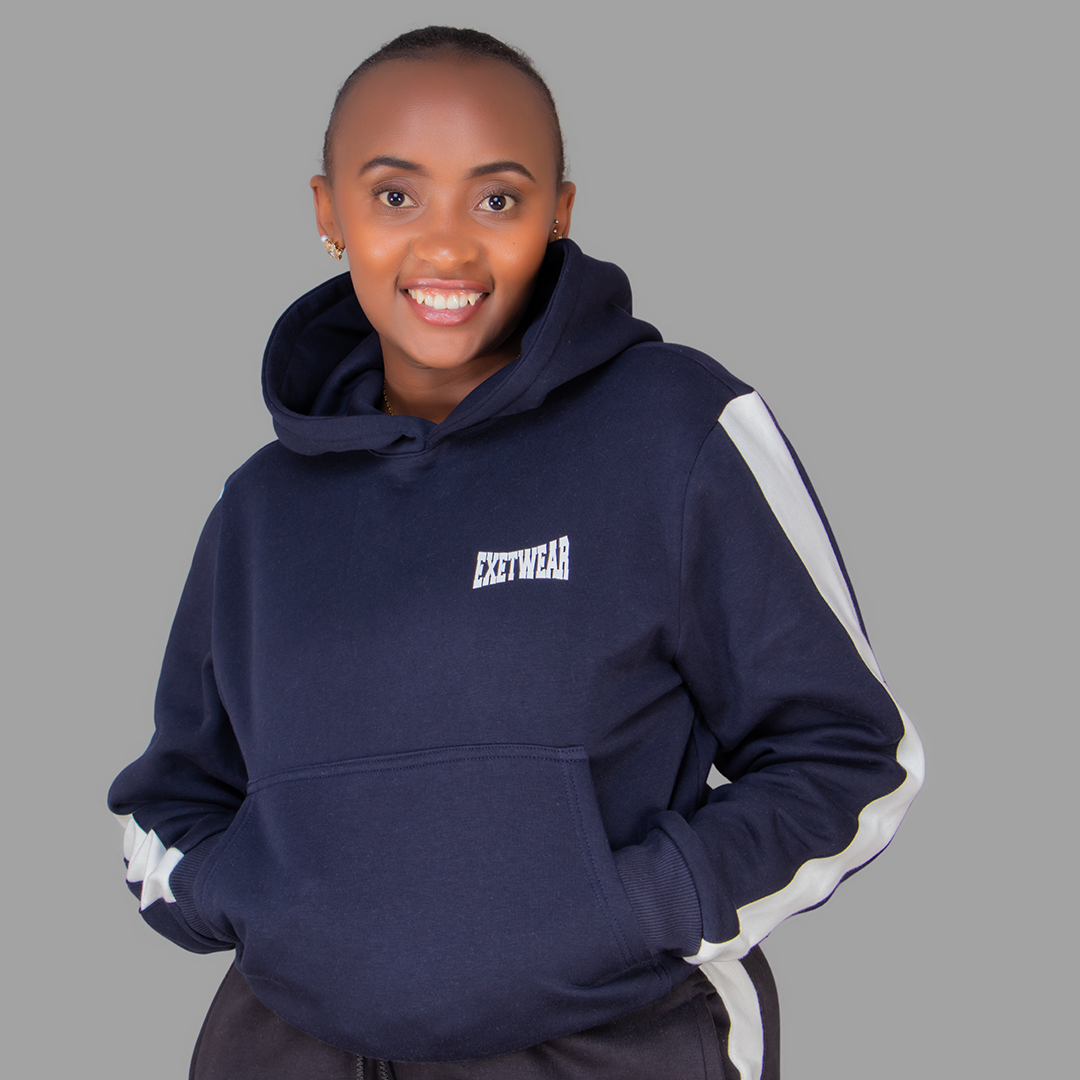 Women's Navy Blue Hoodie Set (White Stripes)