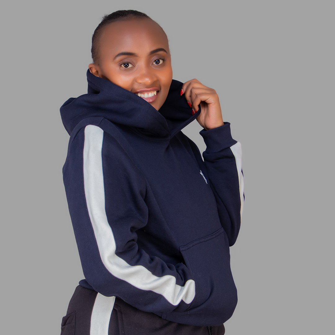 Women's Navy Blue Hoodie Set (White Stripes)