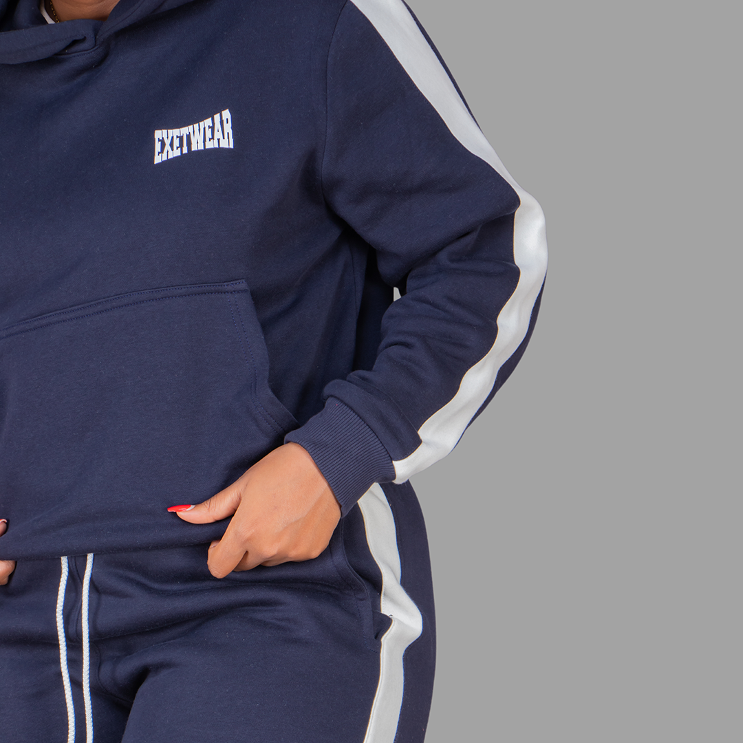 Women's Navy Blue Hoodie Set (White Stripes)