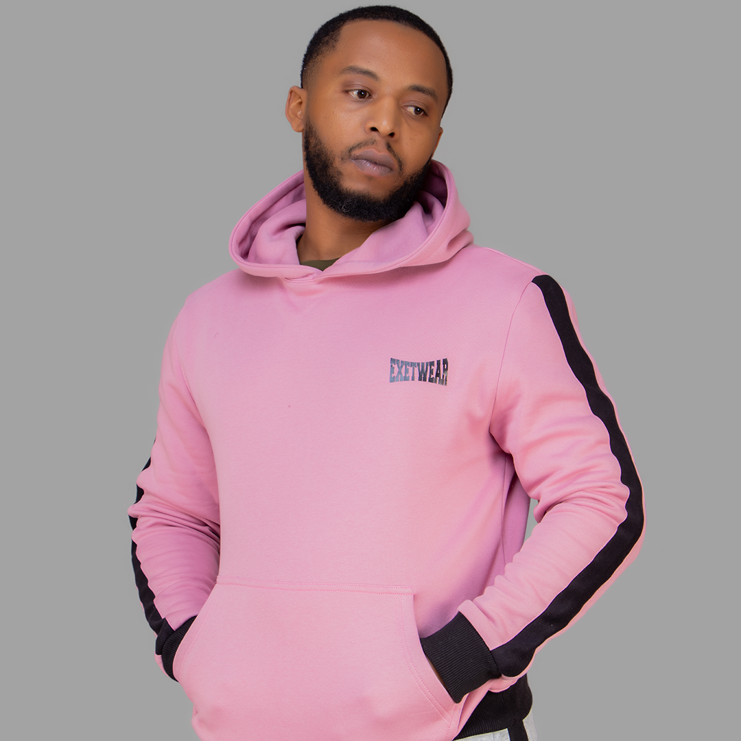 Men's Pink Hoodie Set (Black stripes).