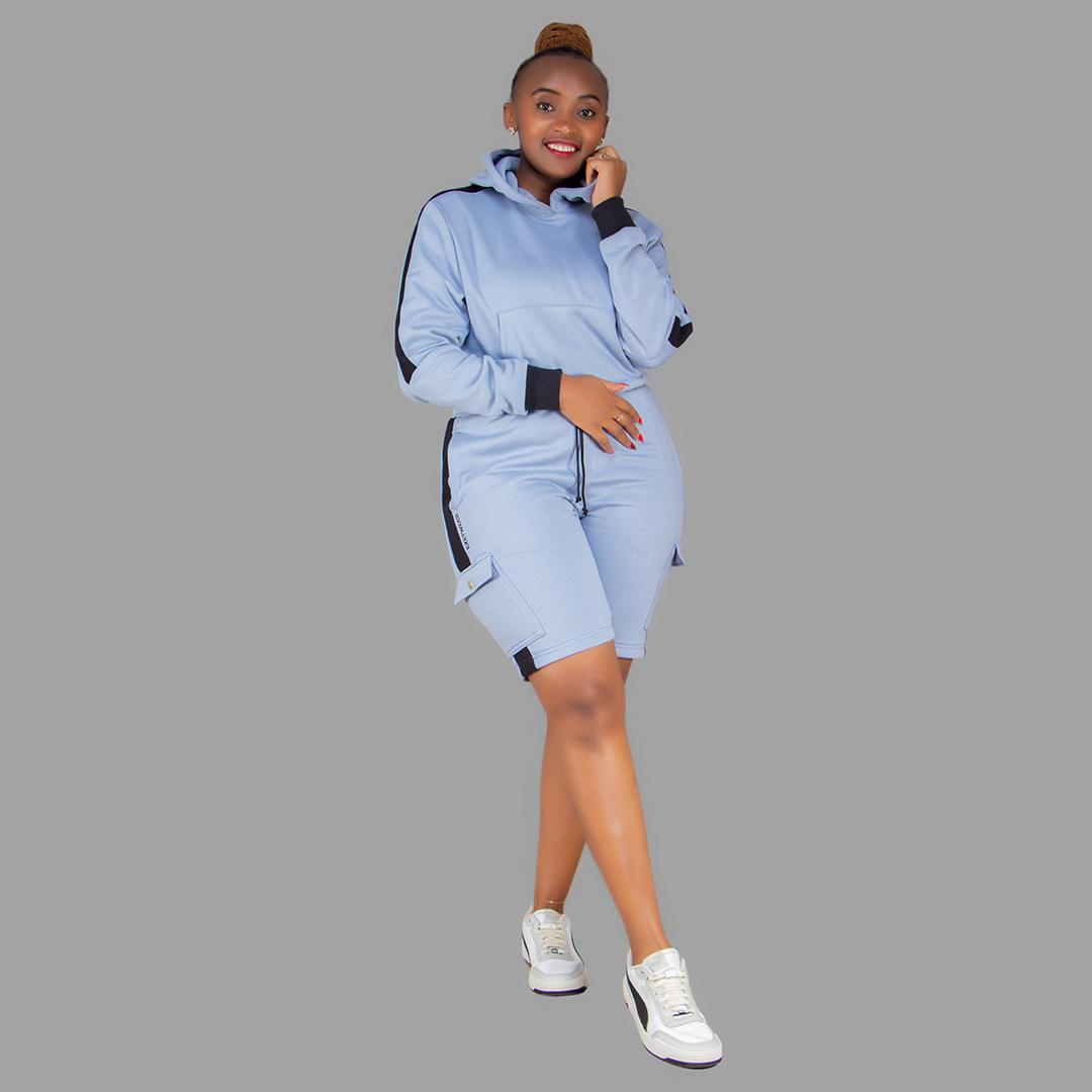 Women Sky Blue/Black Sweatshort Set