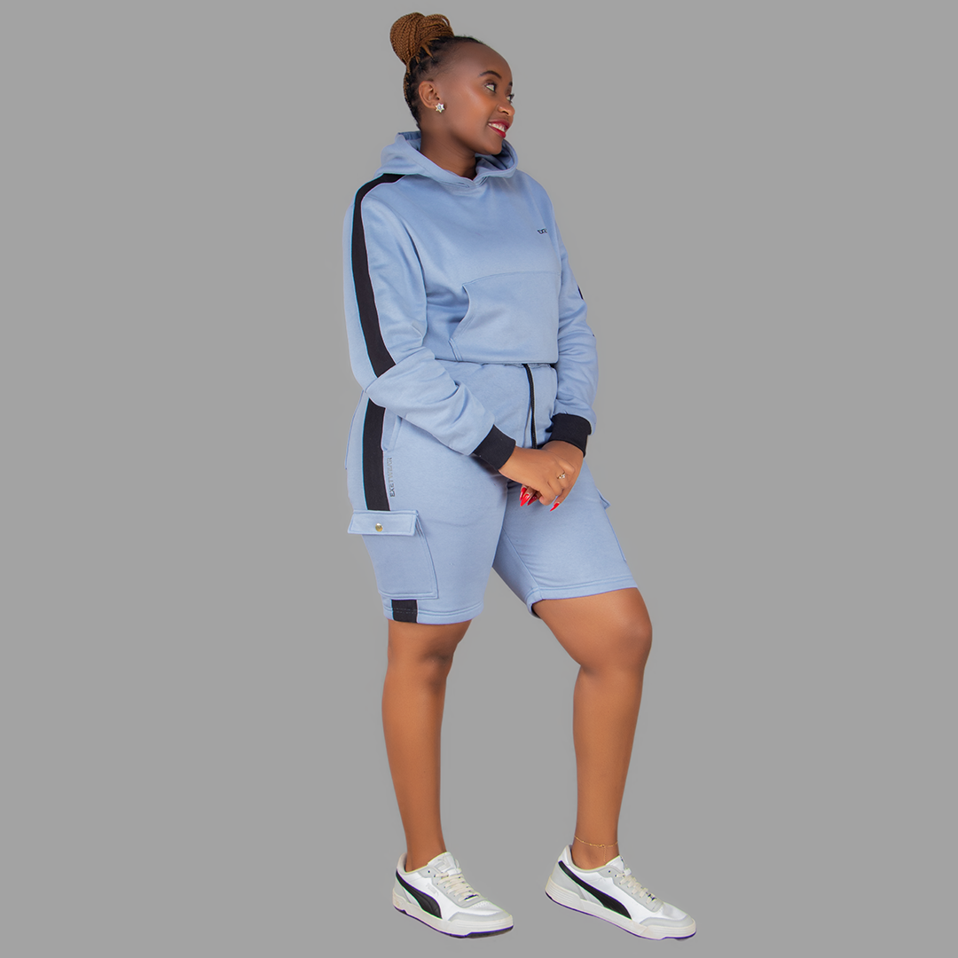 Women Sky Blue/Black Sweatshort Set