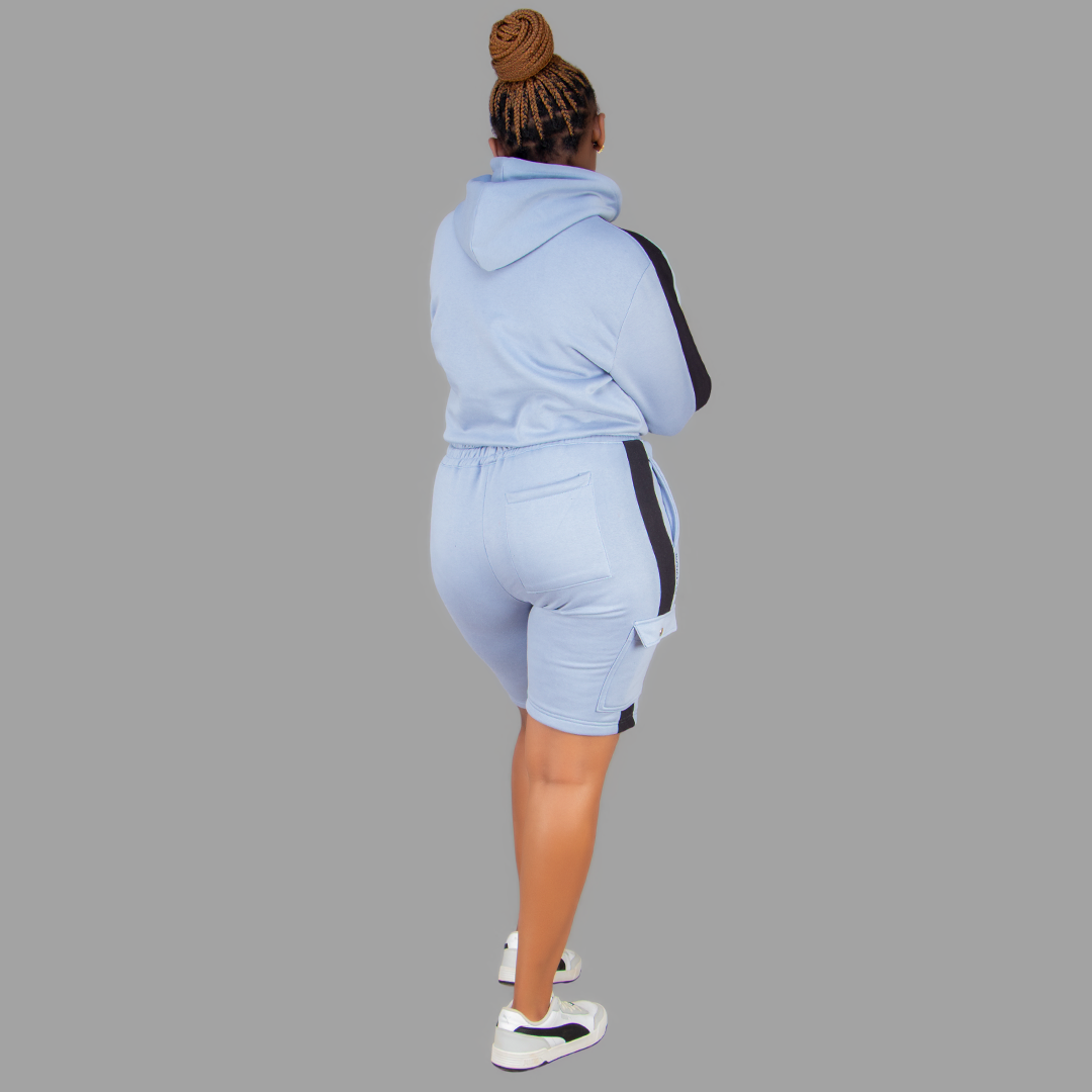 Women Sky Blue/Black Sweatshort Set