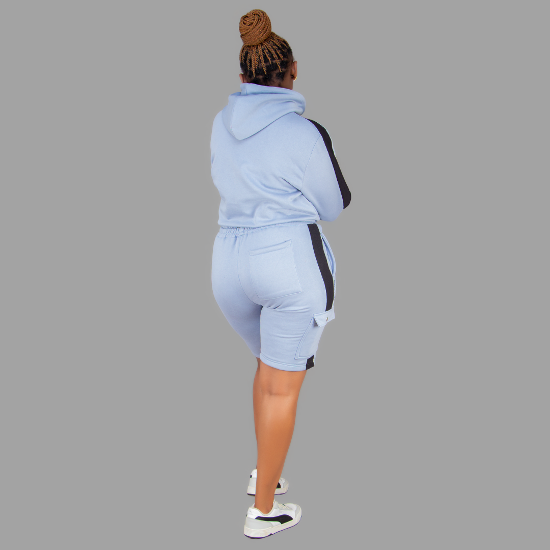 Women Sky Blue/Black Sweatshort Set